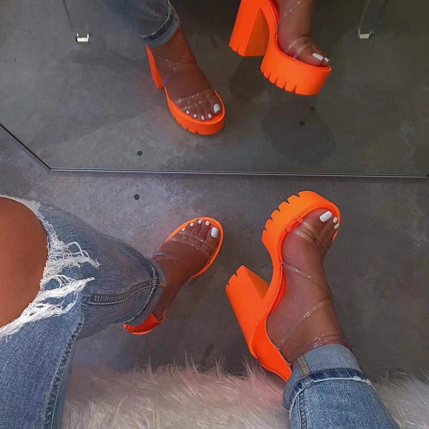 Clear Strap Heels for Women Platform Chunky Heels Sandals Comfy Ankle Strappy Open Toe Block Heeled Wedge Sandals with Back Zip