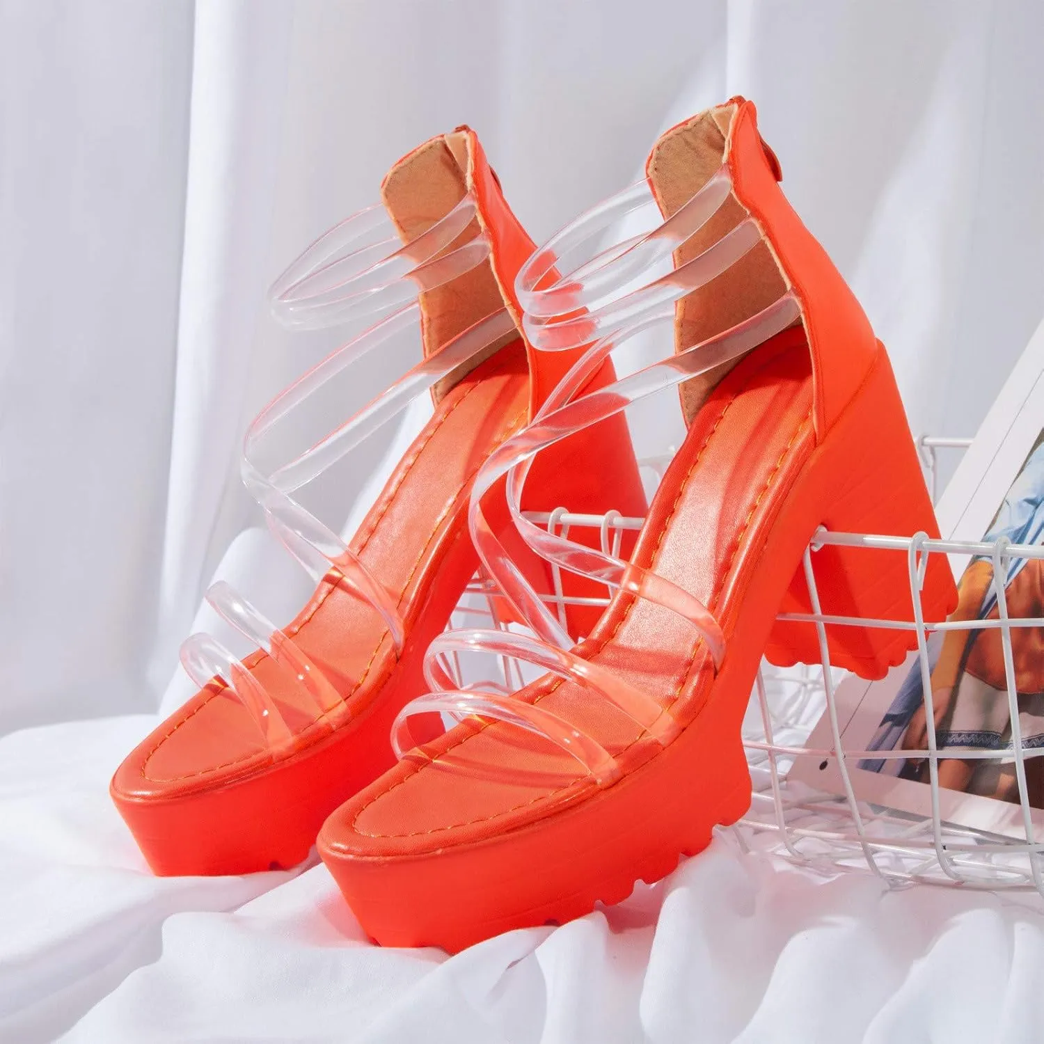 Clear Strap Heels for Women Platform Chunky Heels Sandals Comfy Ankle Strappy Open Toe Block Heeled Wedge Sandals with Back Zip