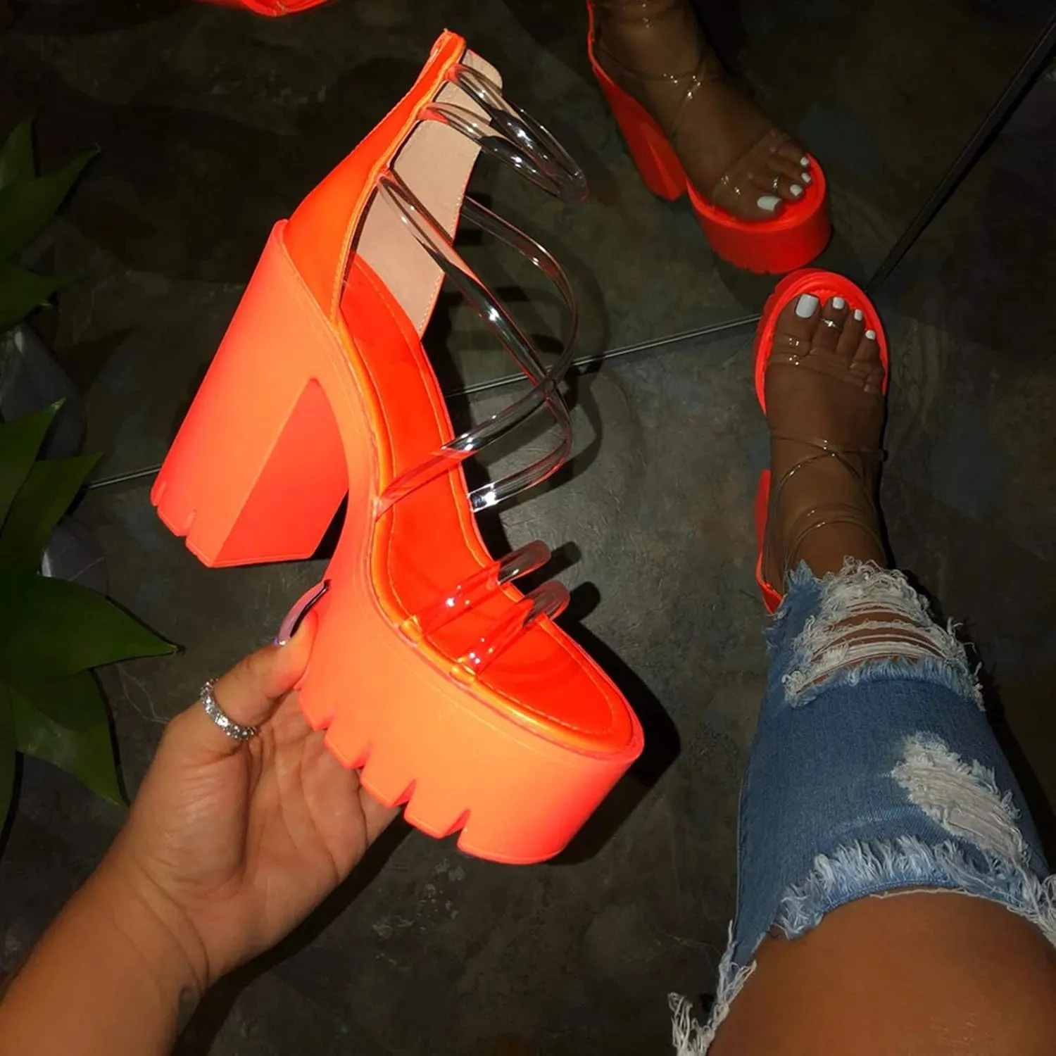 Clear Strap Heels for Women Platform Chunky Heels Sandals Comfy Ankle Strappy Open Toe Block Heeled Wedge Sandals with Back Zip