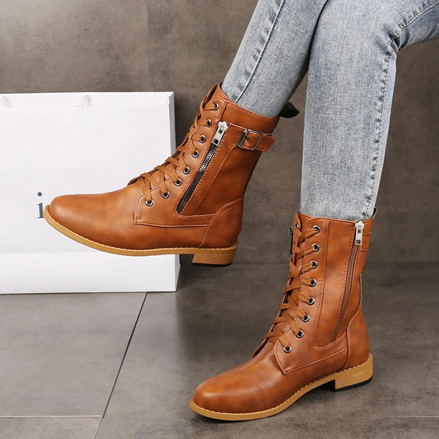 Combat Boots Womens PlatformMid Calf Boots for Women Low Heel Leather Boots Zipper Mid Calf Boots Casual Shoes
