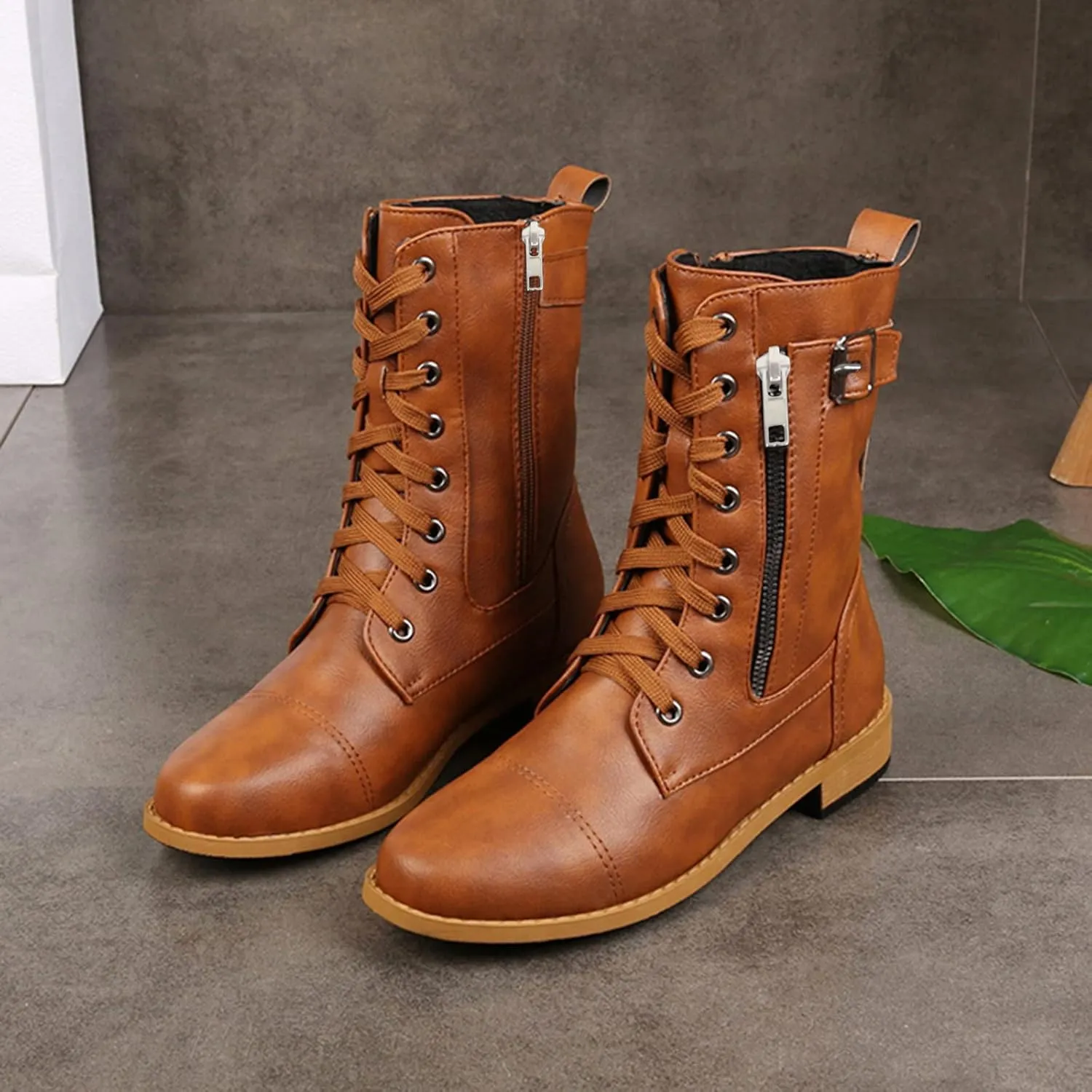 Combat Boots Womens PlatformMid Calf Boots for Women Low Heel Leather Boots Zipper Mid Calf Boots Casual Shoes
