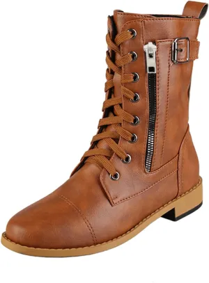 Combat Boots Womens PlatformMid Calf Boots for Women Low Heel Leather Boots Zipper Mid Calf Boots Casual Shoes