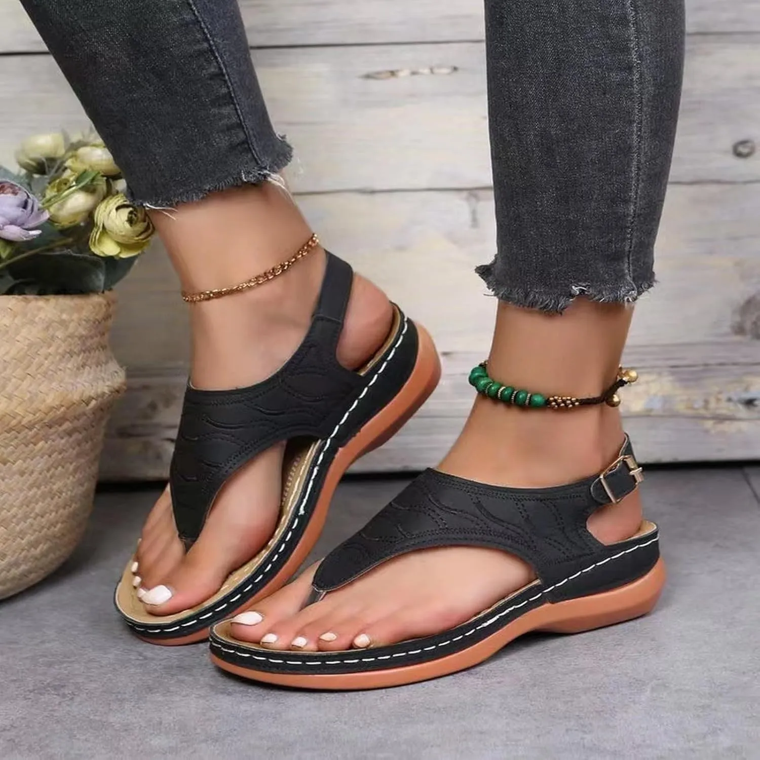 Comfortable Sandals for Women Wiide Width Ankle Strap Flips Flops Summer Dressy Boho Beach Walking Wedge