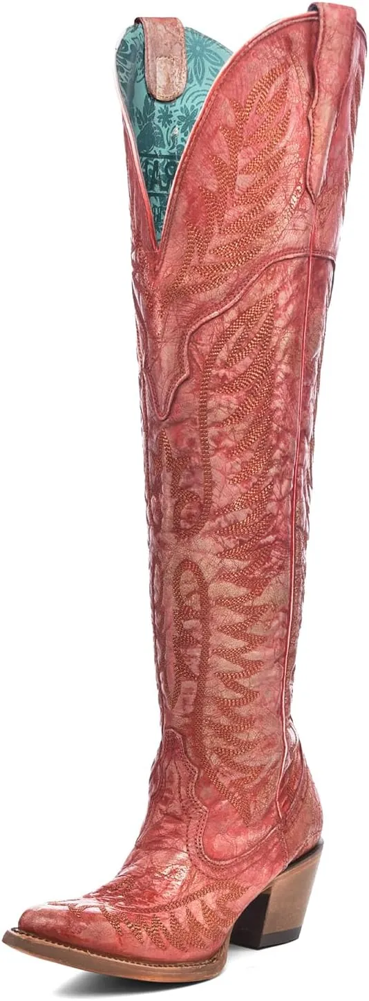 CORRAL Women's Embroidery Tall Top Urban Outdoor Western Cowgirl Style Above-the-Knee Pointed J Toe Cowhide Leather Boots