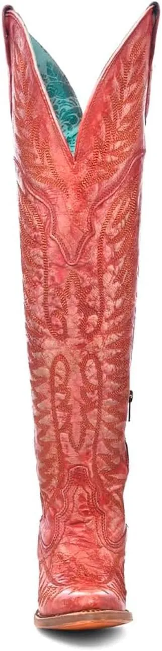 CORRAL Women's Embroidery Tall Top Urban Outdoor Western Cowgirl Style Above-the-Knee Pointed J Toe Cowhide Leather Boots