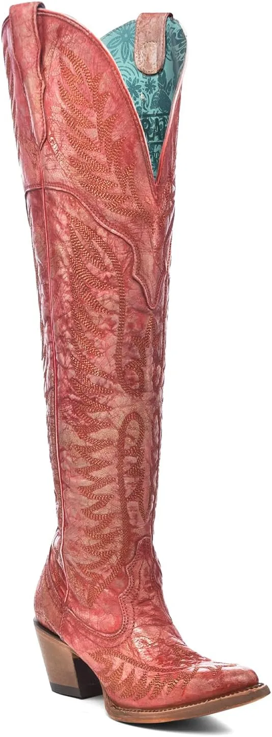 CORRAL Women's Embroidery Tall Top Urban Outdoor Western Cowgirl Style Above-the-Knee Pointed J Toe Cowhide Leather Boots
