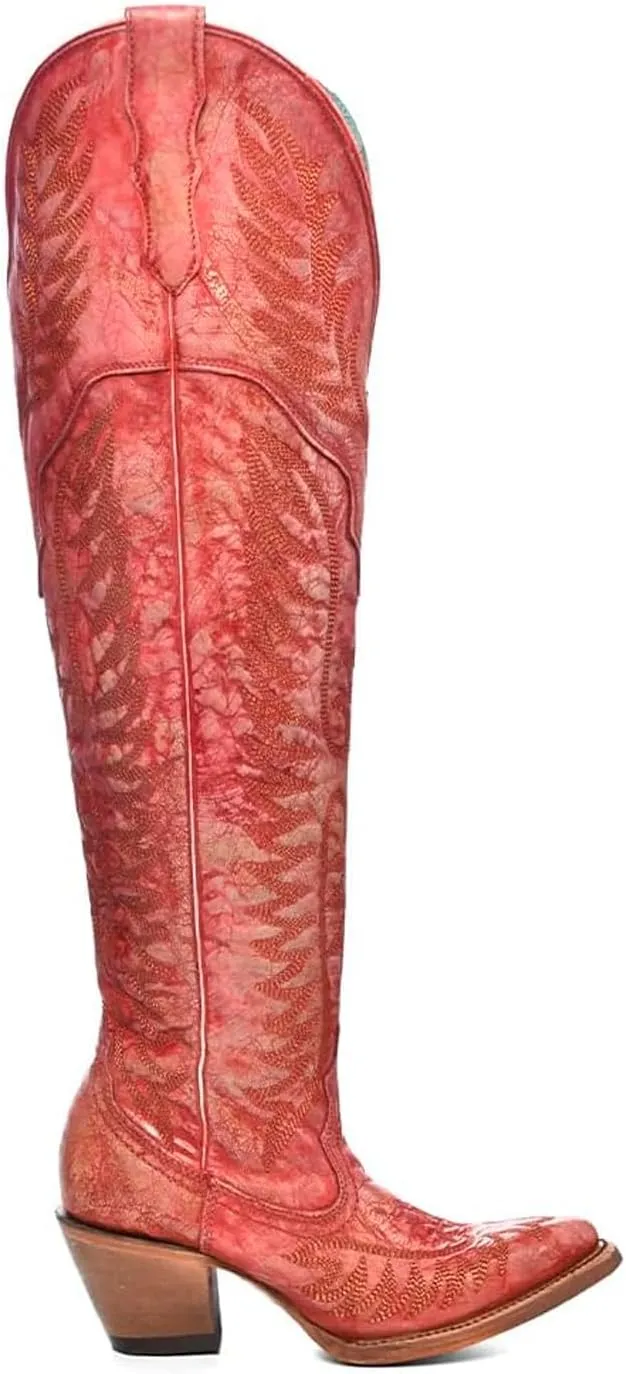 CORRAL Women's Embroidery Tall Top Urban Outdoor Western Cowgirl Style Above-the-Knee Pointed J Toe Cowhide Leather Boots