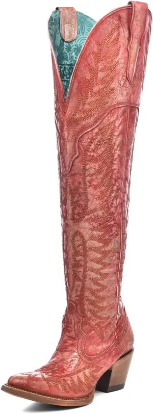CORRAL Women's Embroidery Tall Top Urban Outdoor Western Cowgirl Style Above-the-Knee Pointed J Toe Cowhide Leather Boots
