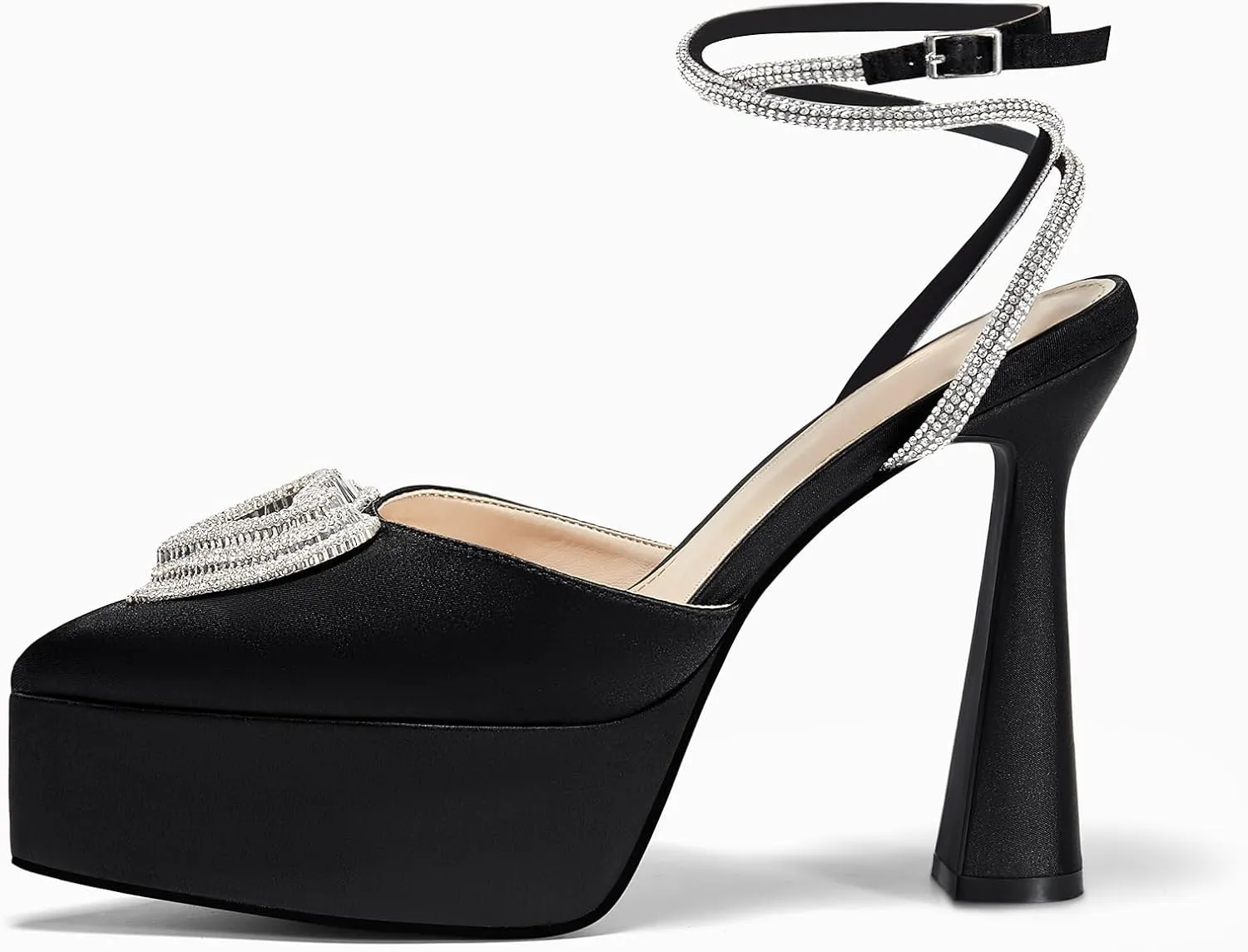 Coutgo Womens Platform High Chunky Heels Rhinestone Triple Heart Pointed Toe Ankle Strap Party Wedding Dress Pumps Shoes