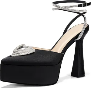 Coutgo Womens Platform High Chunky Heels Rhinestone Triple Heart Pointed Toe Ankle Strap Party Wedding Dress Pumps Shoes