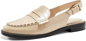 Coutgo Women's Slingback Loafers Comfortable Pointed Toe Chunky Low Heel Adjustable Buckle Strap Flat Shoes
