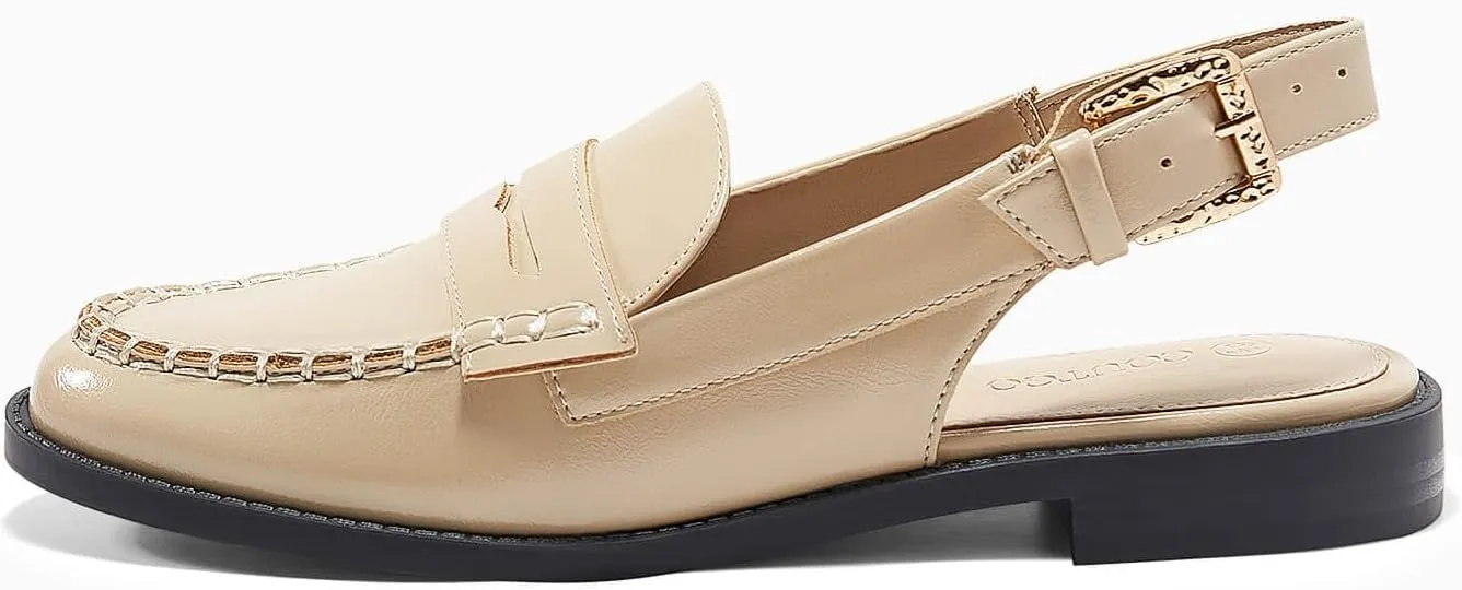 Coutgo Women's Slingback Loafers Comfortable Pointed Toe Chunky Low Heel Adjustable Buckle Strap Flat Shoes