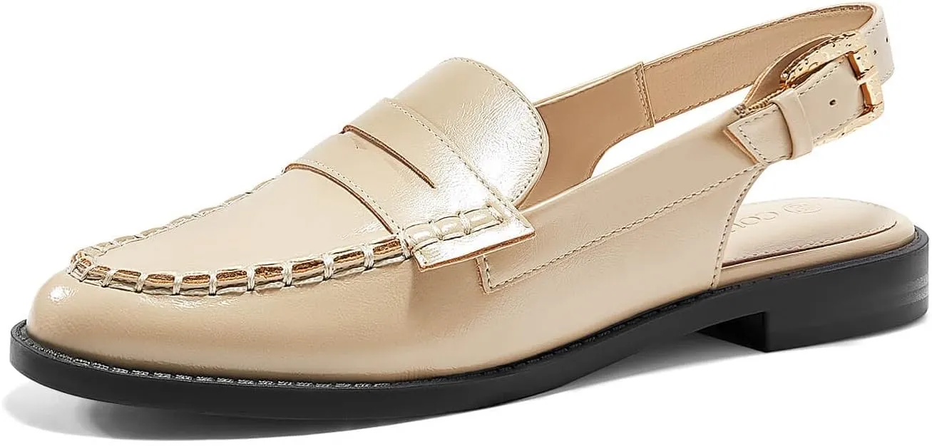 Coutgo Women's Slingback Loafers Comfortable Pointed Toe Chunky Low Heel Adjustable Buckle Strap Flat Shoes