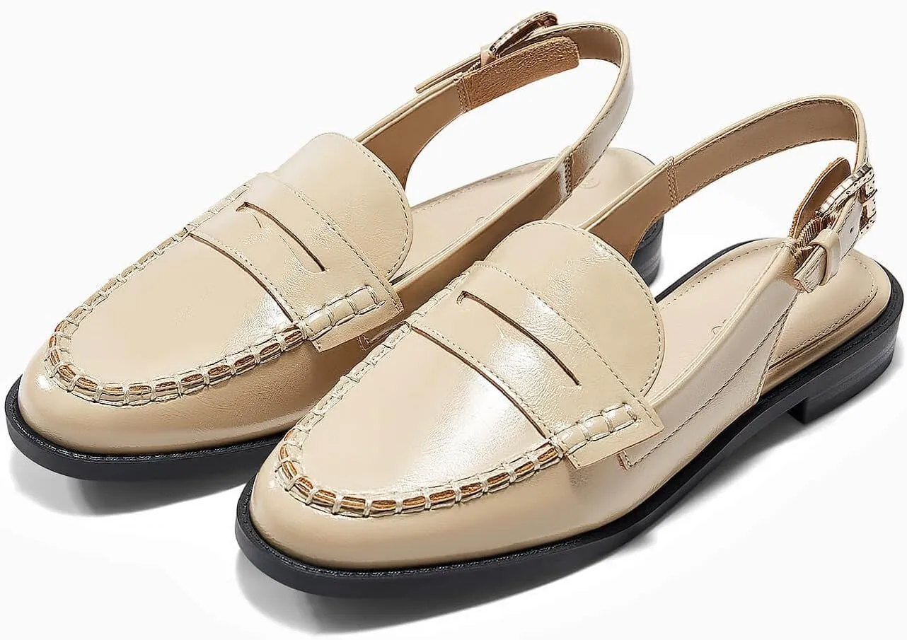 Coutgo Women's Slingback Loafers Comfortable Pointed Toe Chunky Low Heel Adjustable Buckle Strap Flat Shoes