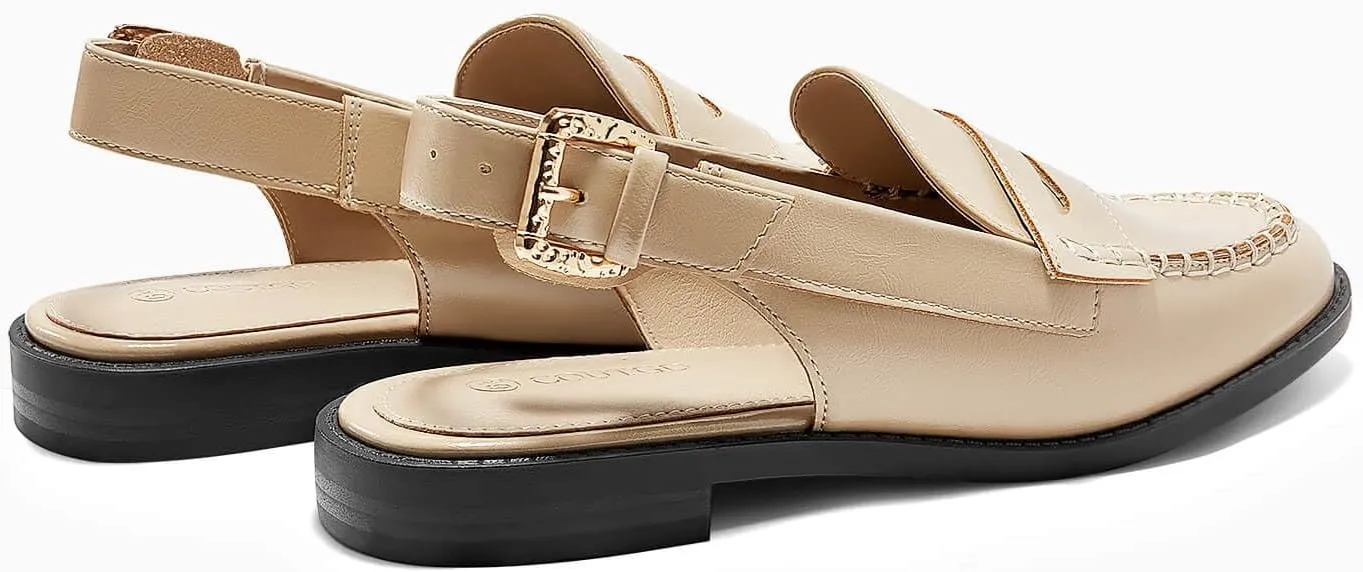 Coutgo Women's Slingback Loafers Comfortable Pointed Toe Chunky Low Heel Adjustable Buckle Strap Flat Shoes