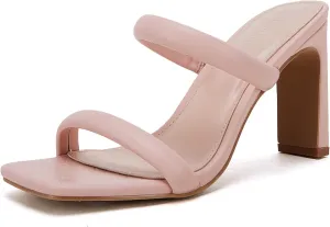 Coutgo Womens Square Open Toe Heeled Sandals Two Strap High Heel Backless Dress Slip On Mules