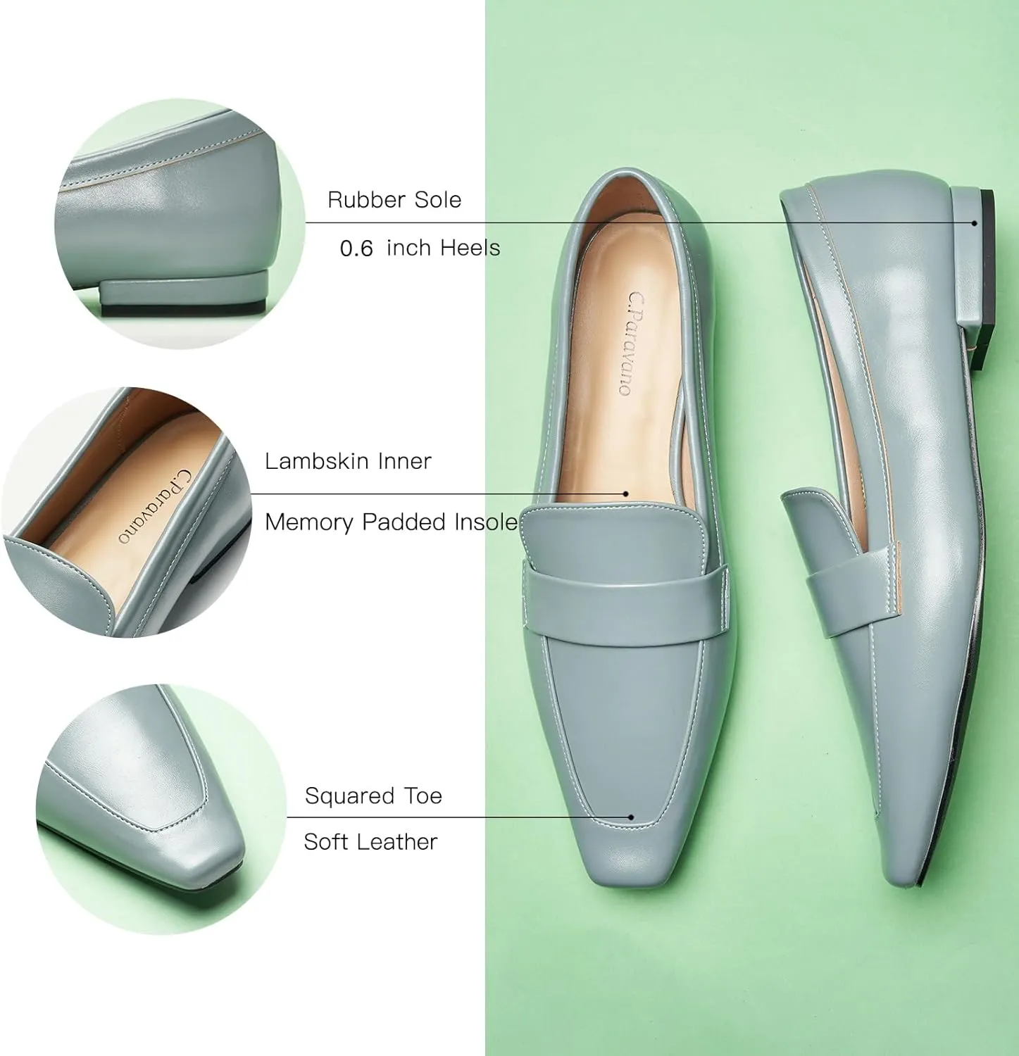 C.Paravano Loafers for Women, Slip-ons Penny Loafers Comfortable Dressy for Formal & Casual Wear, Square Toe Flats for Office