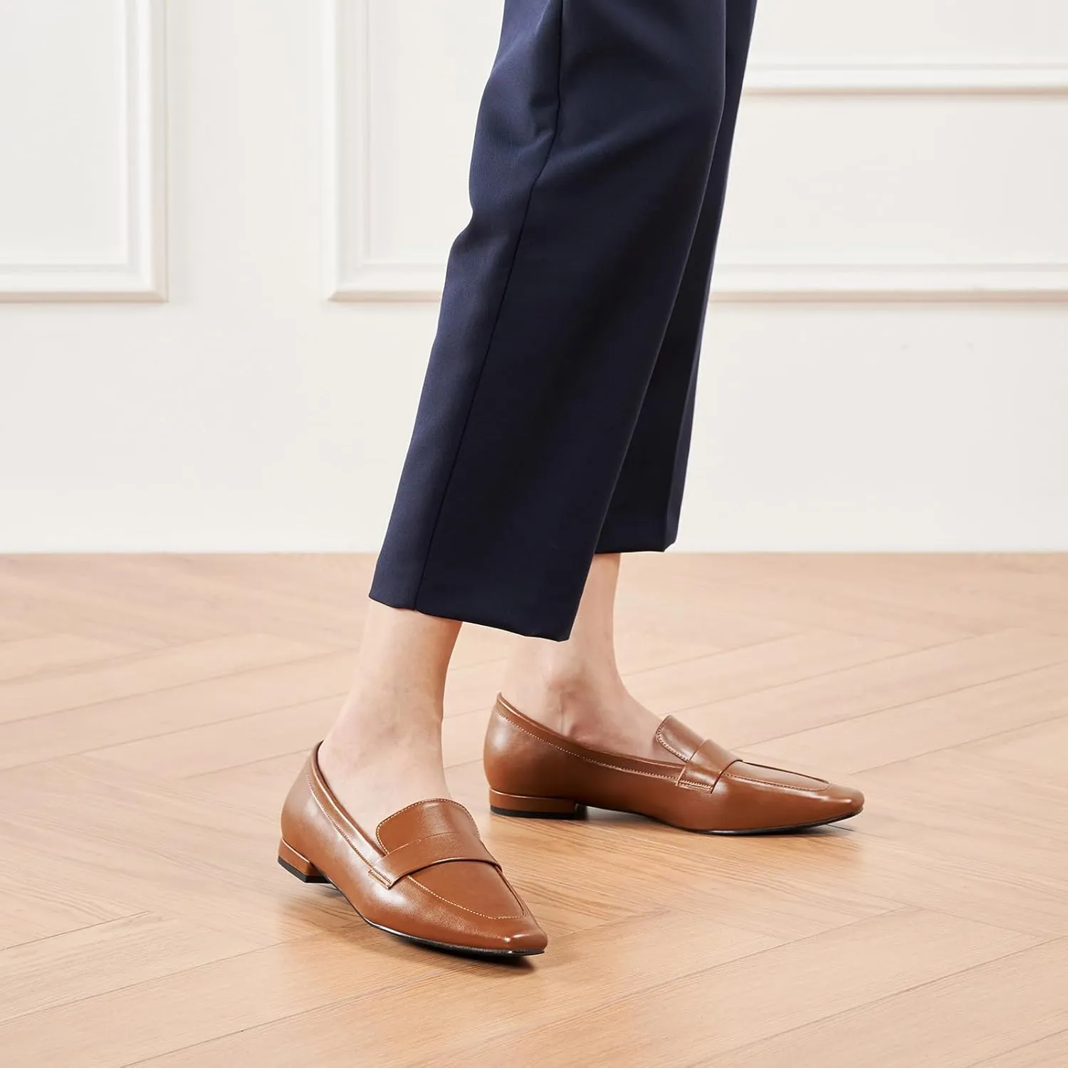 C.Paravano Women's Flat Loafers, Slip-on Penny Loafers for Formal & Casual Wear, Square Toe Comfort Flats for Office