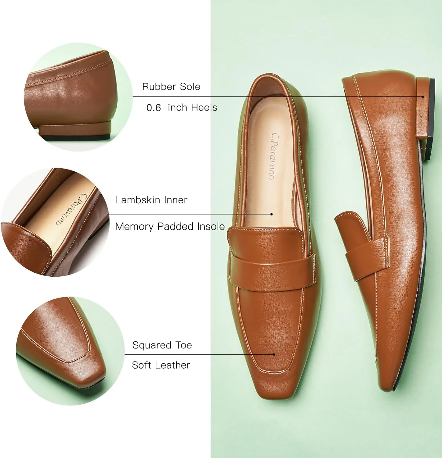 C.Paravano Women's Flat Loafers, Slip-on Penny Loafers for Formal & Casual Wear, Square Toe Comfort Flats for Office