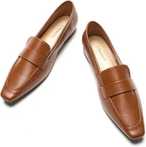 C.Paravano Women's Flat Loafers, Slip-on Penny Loafers for Formal & Casual Wear, Square Toe Comfort Flats for Office