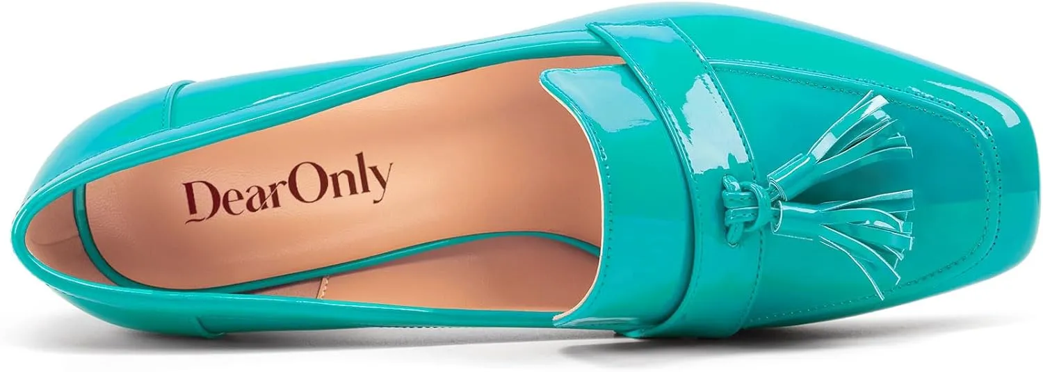 DearOnly Womens Patent Leather Loafers Square Toe Mid Chunky Block Heel Pumps Slip-on Tassel Loafers Office Dress Shoes 3.2 Inches Heels