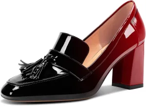 DearOnly Womens Patent Leather Loafers Square Toe Mid Chunky Block Heel Pumps Slip-on Tassel Loafers Office Dress Shoes 3.2 Inches Heels