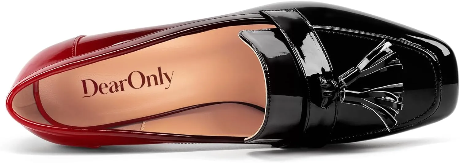 DearOnly Womens Patent Leather Loafers Square Toe Mid Chunky Block Heel Pumps Slip-on Tassel Loafers Office Dress Shoes 3.2 Inches Heels
