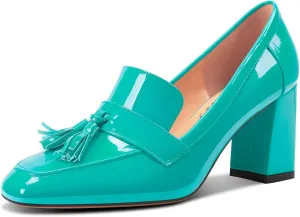 DearOnly Womens Patent Leather Loafers Square Toe Mid Chunky Block Heel Pumps Slip-on Tassel Loafers Office Dress Shoes 3.2 Inches Heels