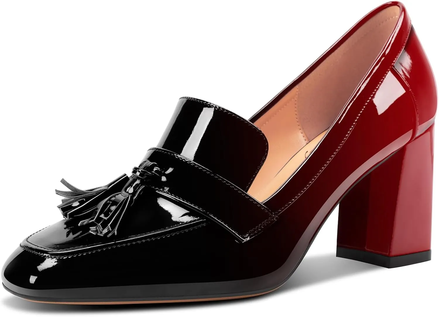 DearOnly Womens Patent Leather Loafers Square Toe Mid Chunky Block Heel Pumps Slip-on Tassel Loafers Office Dress Shoes 3.2 Inches Heels