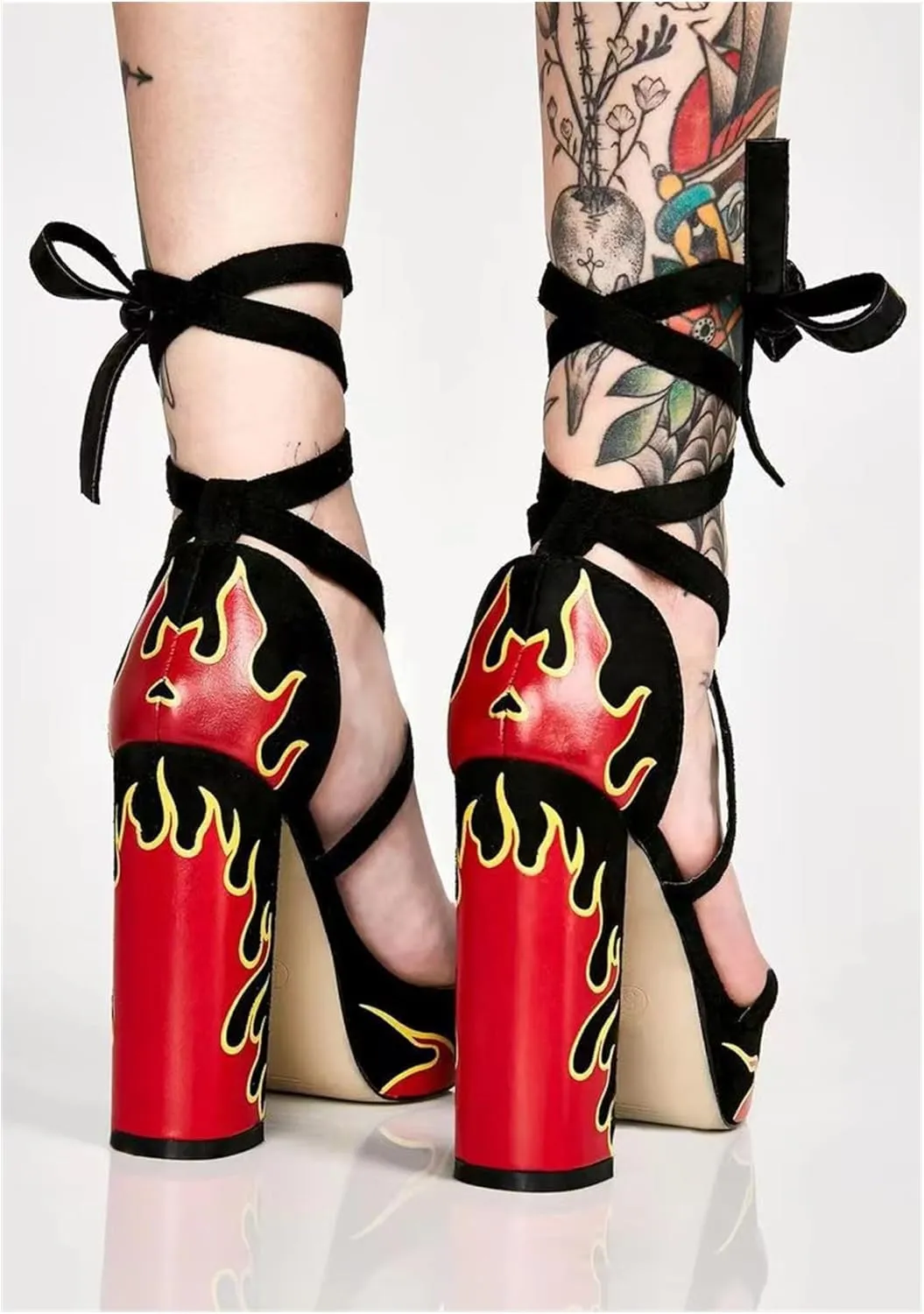 DETOGNI Women's Block High Heels Flames Sandals Wrap-Around Strap Fastening Platform Sexy Fire Shoes