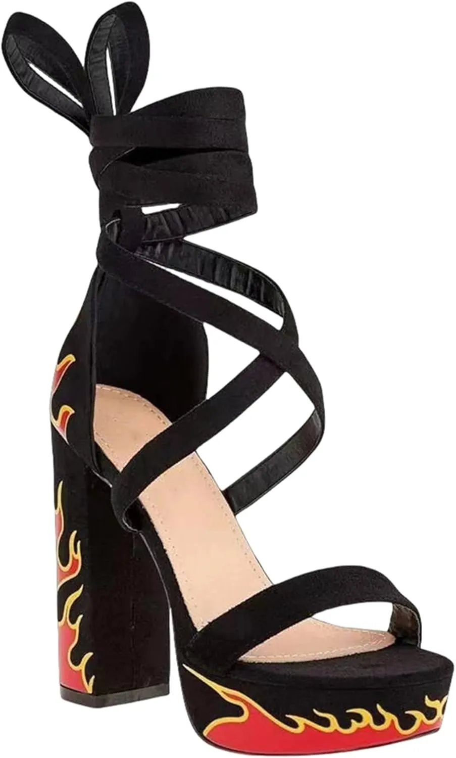 DETOGNI Women's Block High Heels Flames Sandals Wrap-Around Strap Fastening Platform Sexy Fire Shoes