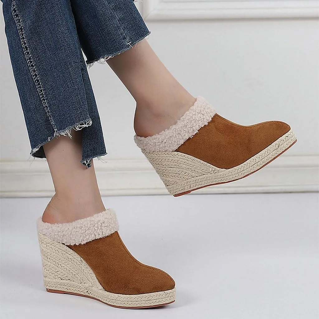 DINTAHA Closed Toe Wedges For Women,Pointed Toe Platform Wedge Mules,Espadrille Sandals For Women-Choose Half Size Larger
