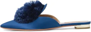 Divanne Mules for Women, Puff Pompom-Embellished Slip On Loafers Backless Pointed Toe Satin Mule Slides