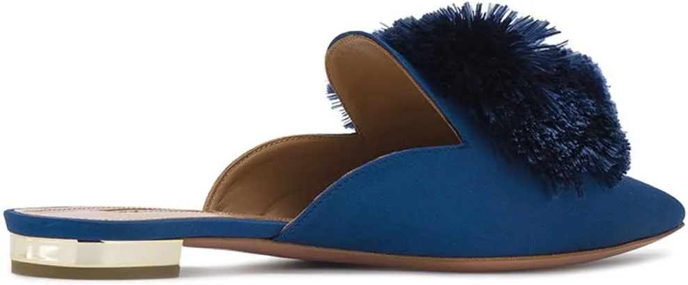 Divanne Mules for Women, Puff Pompom-Embellished Slip On Loafers Backless Pointed Toe Satin Mule Slides