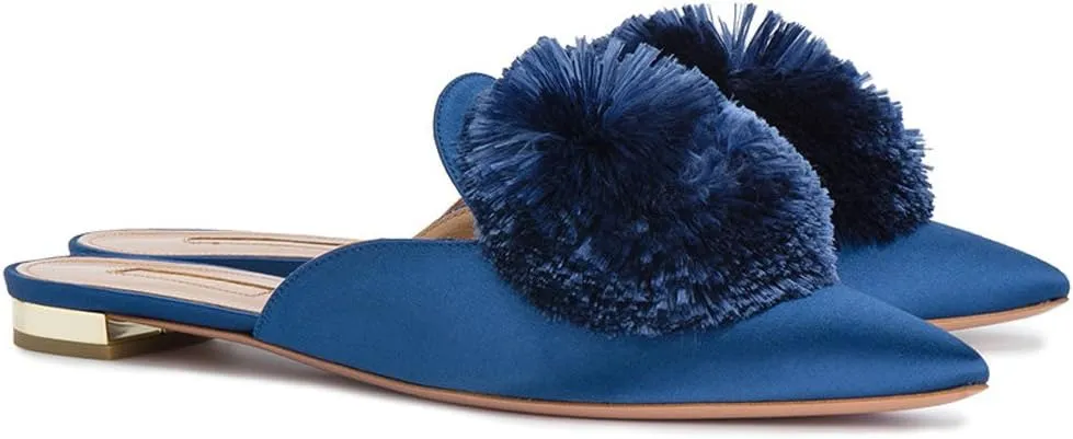 Divanne Mules for Women, Puff Pompom-Embellished Slip On Loafers Backless Pointed Toe Satin Mule Slides