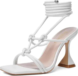 DOBOYG Lace Up Heels for Women, Square Toe High Heel Wrap Up Heeled Sandals Tie Up Strappy Heels Dress Shoes