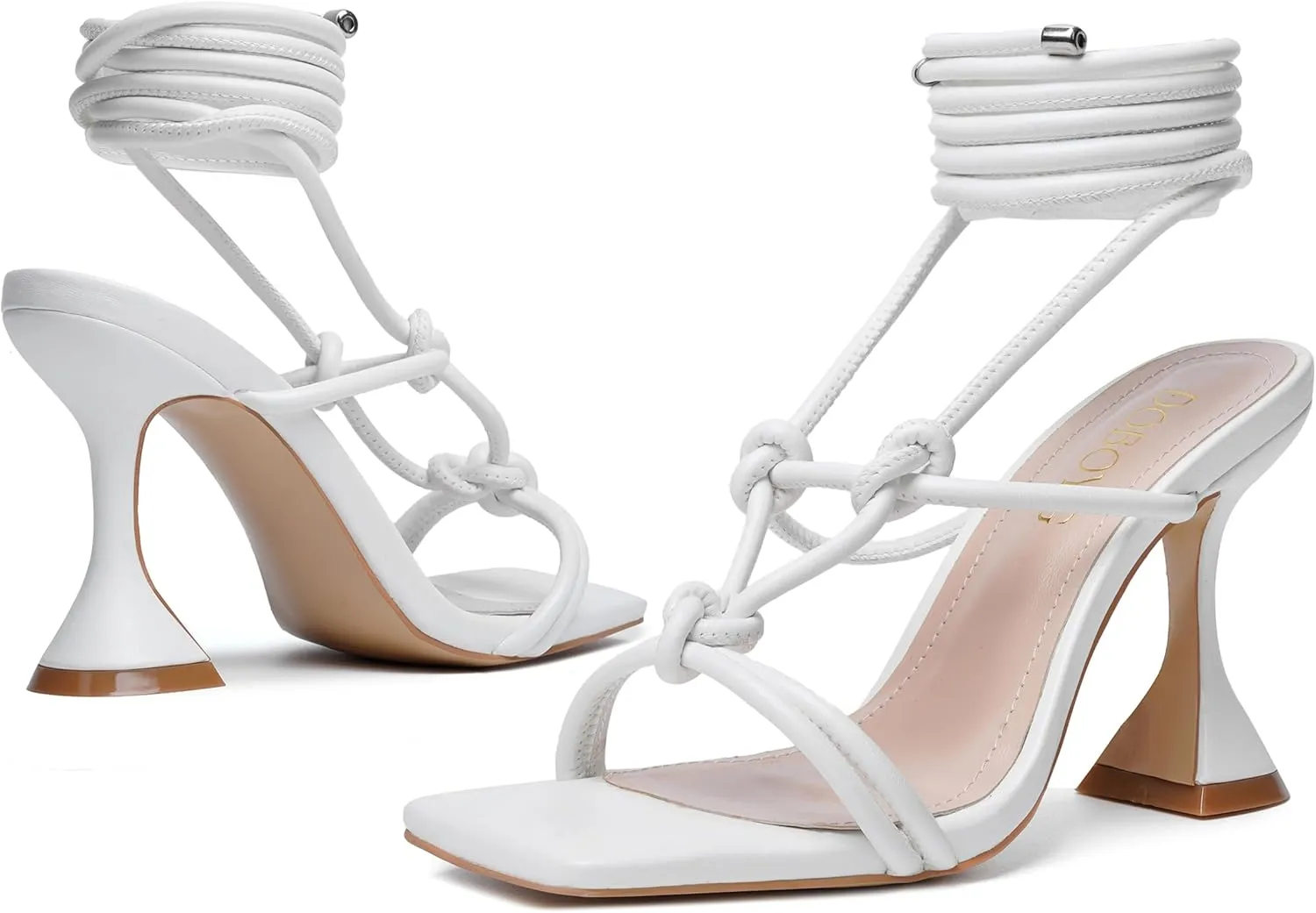 DOBOYG Lace Up Heels for Women, Square Toe High Heel Wrap Up Heeled Sandals Tie Up Strappy Heels Dress Shoes