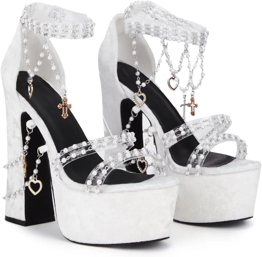 Dolls Kill Holy Revelation Platform Heels by Sugar Thrillz, Velvet Heels with Pearl Beads & Adjustable Straps
