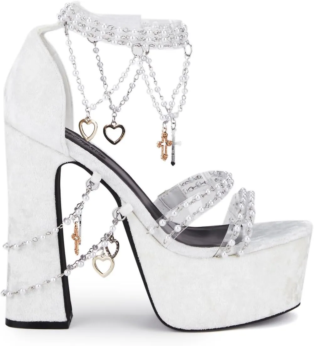 Dolls Kill Holy Revelation Platform Heels by Sugar Thrillz, Velvet Heels with Pearl Beads & Adjustable Straps