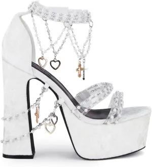 Dolls Kill Holy Revelation Platform Heels by Sugar Thrillz, Velvet Heels with Pearl Beads & Adjustable Straps