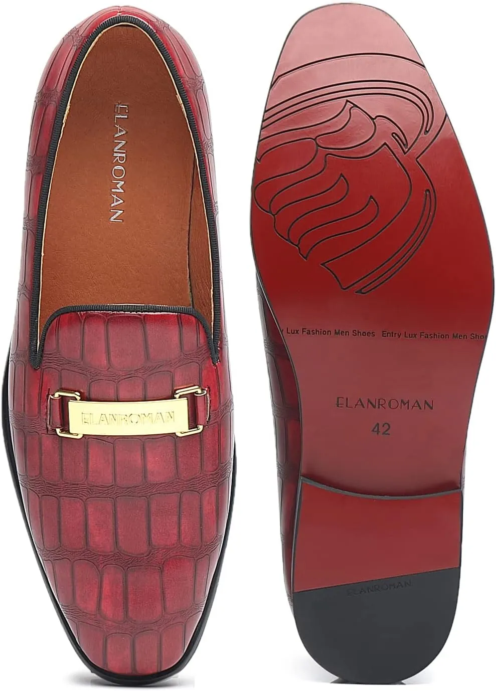 ELANROMAN Men's Gold Buckle Loafers Fashion Pull-on Penny Party Wedding Shoes