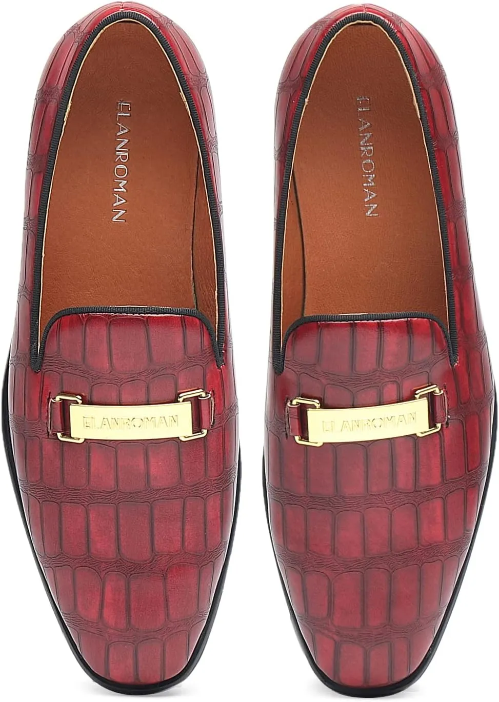 ELANROMAN Men's Gold Buckle Loafers Fashion Pull-on Penny Party Wedding Shoes