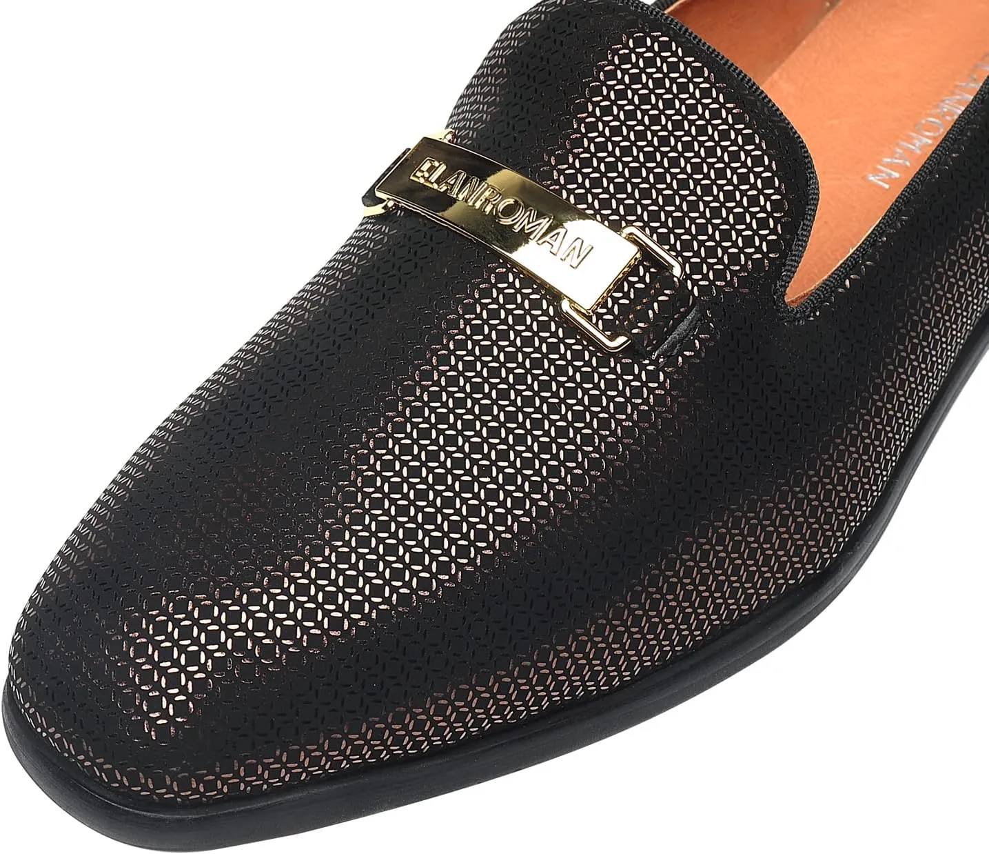 ELANROMAN Men's Gold Buckle Loafers Fashion Pull-on Penny Party Wedding Shoes