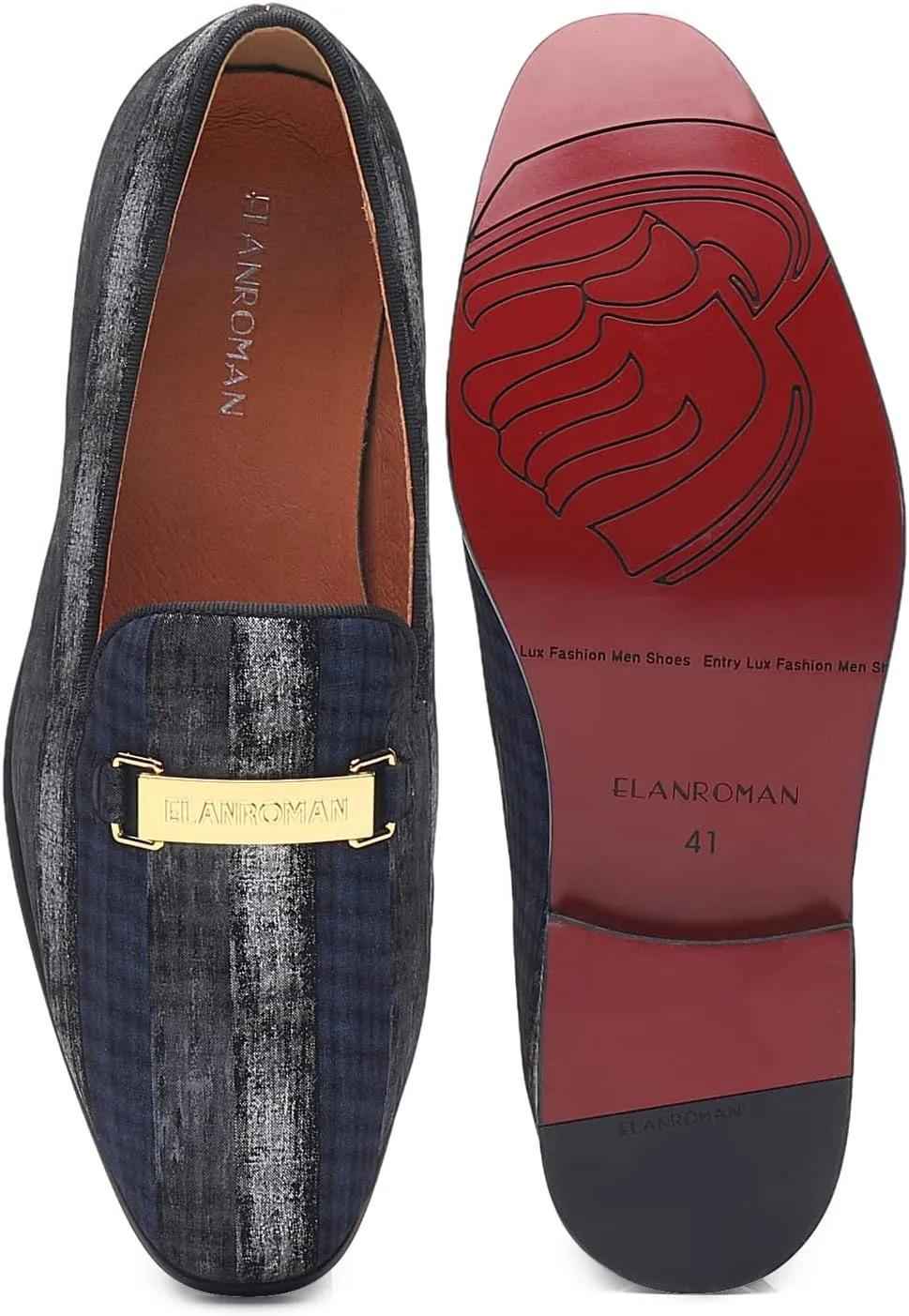 ELANROMAN Men's Gold Buckle Loafers Fashion Pull-on Penny Party Wedding Shoes
