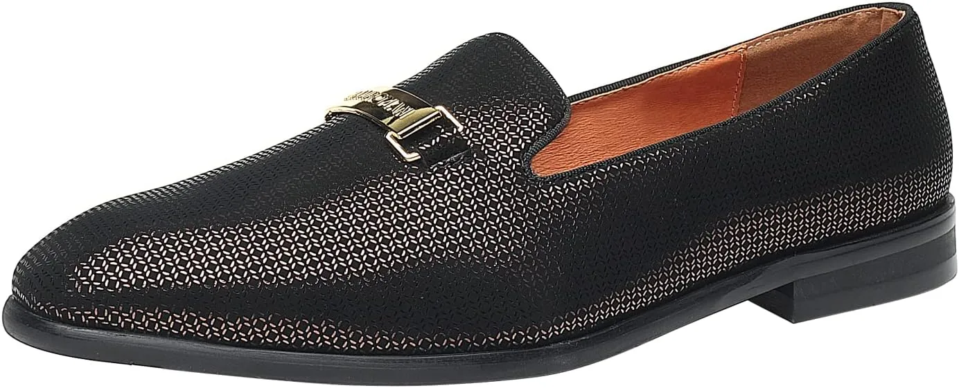ELANROMAN Men's Gold Buckle Loafers Fashion Pull-on Penny Party Wedding Shoes