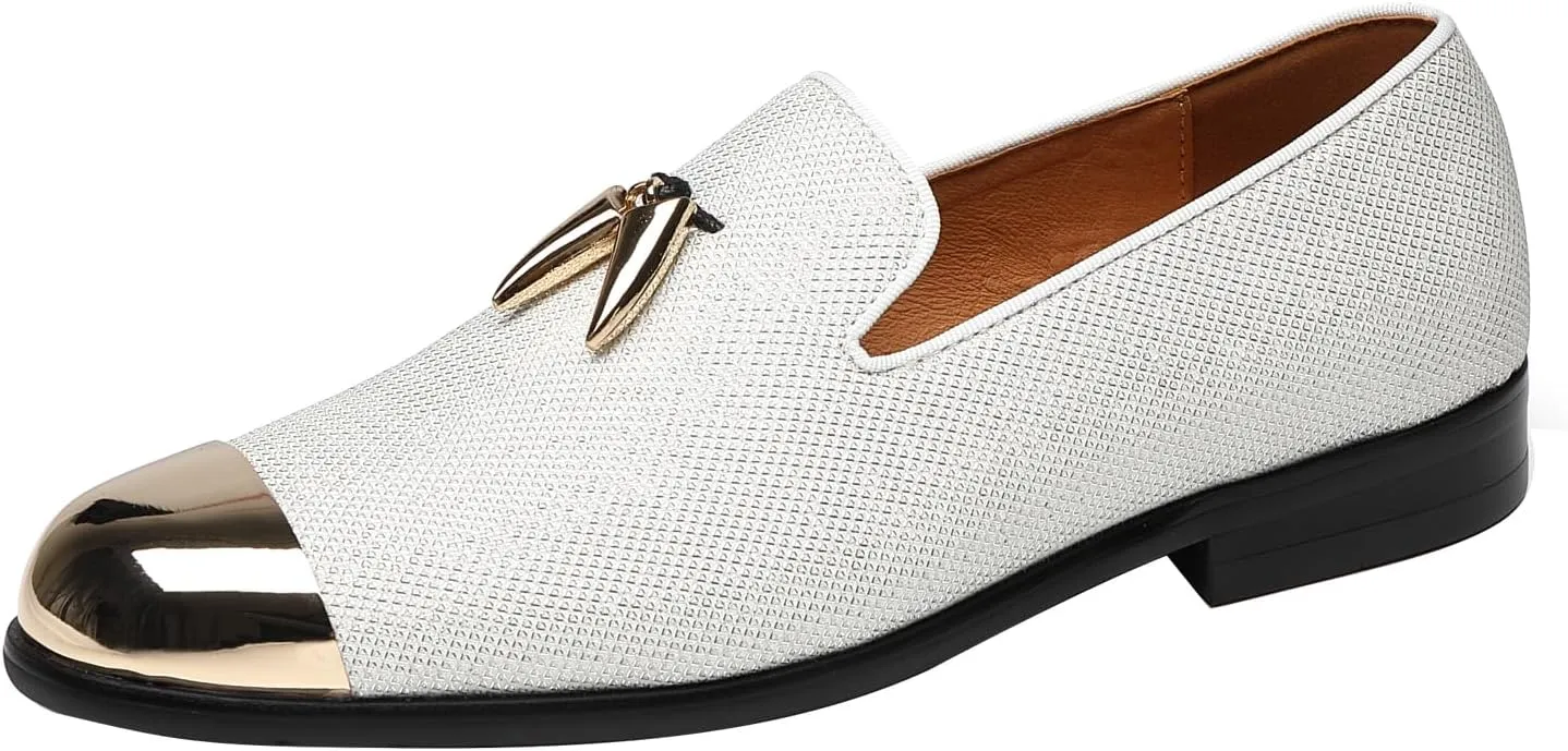 ELANROMAN Men's Loafers Leather Gold Tassel & Cap Toe Buckle Penny Party Wedding Prom Shoes
