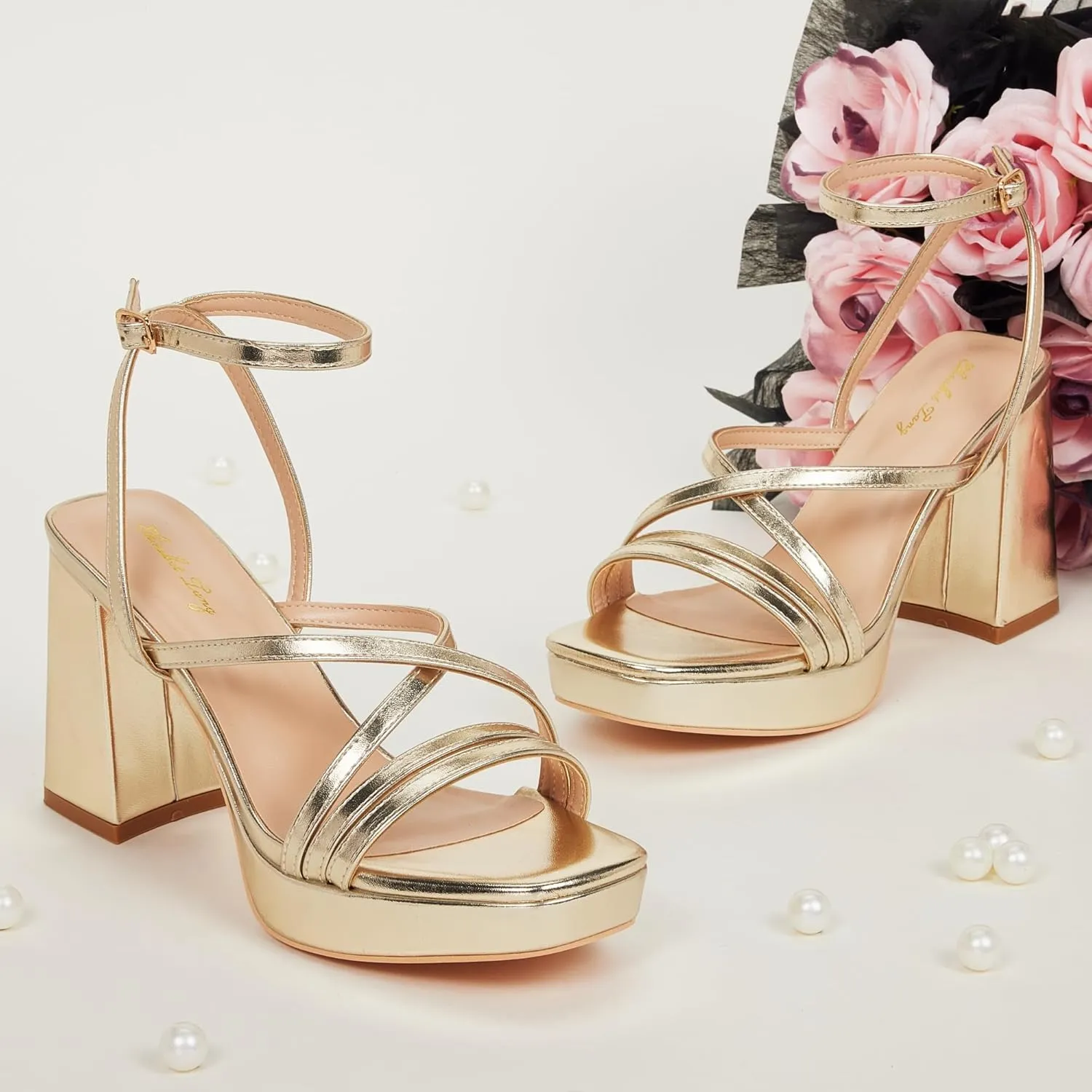 Elisabet Tang Chunky Platform Heels Sandals for Women Sexy Square Toe Heels High Strappy Sandals for Sexy Party Wedding and Evening