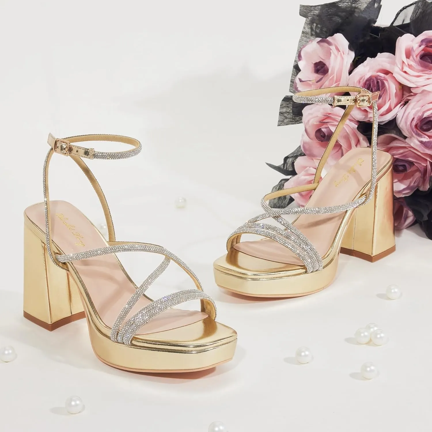 Elisabet Tang Chunky Platform Heels Sandals for Women Sexy Square Toe Heels High Strappy Sandals for Sexy Party Wedding and Evening