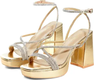 Elisabet Tang Chunky Platform Heels Sandals for Women Sexy Square Toe Heels High Strappy Sandals for Sexy Party Wedding and Evening