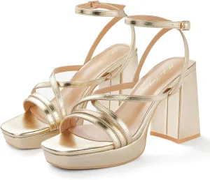Elisabet Tang Chunky Platform Heels Sandals for Women Sexy Square Toe Heels High Strappy Sandals for Sexy Party Wedding and Evening